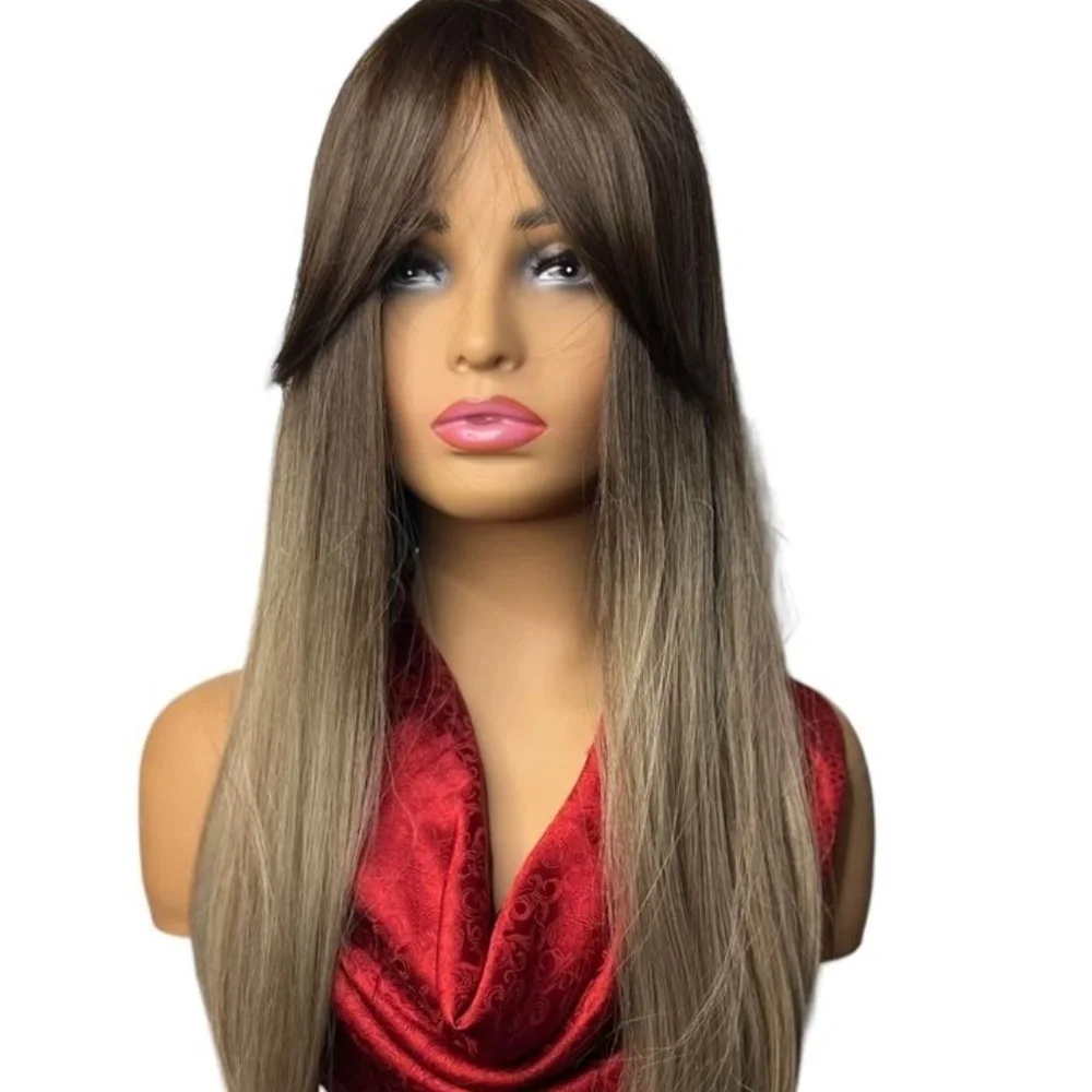 34 Inch balayage Brown & Ash Light Blonde Straig Long Wig  with Open Sid…